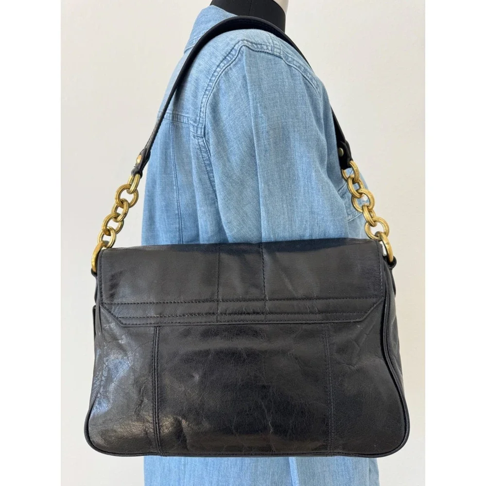 Coach Poppy Pushlock Flap Shoulder Leather Purse Handbag Black‎ Brass 17925